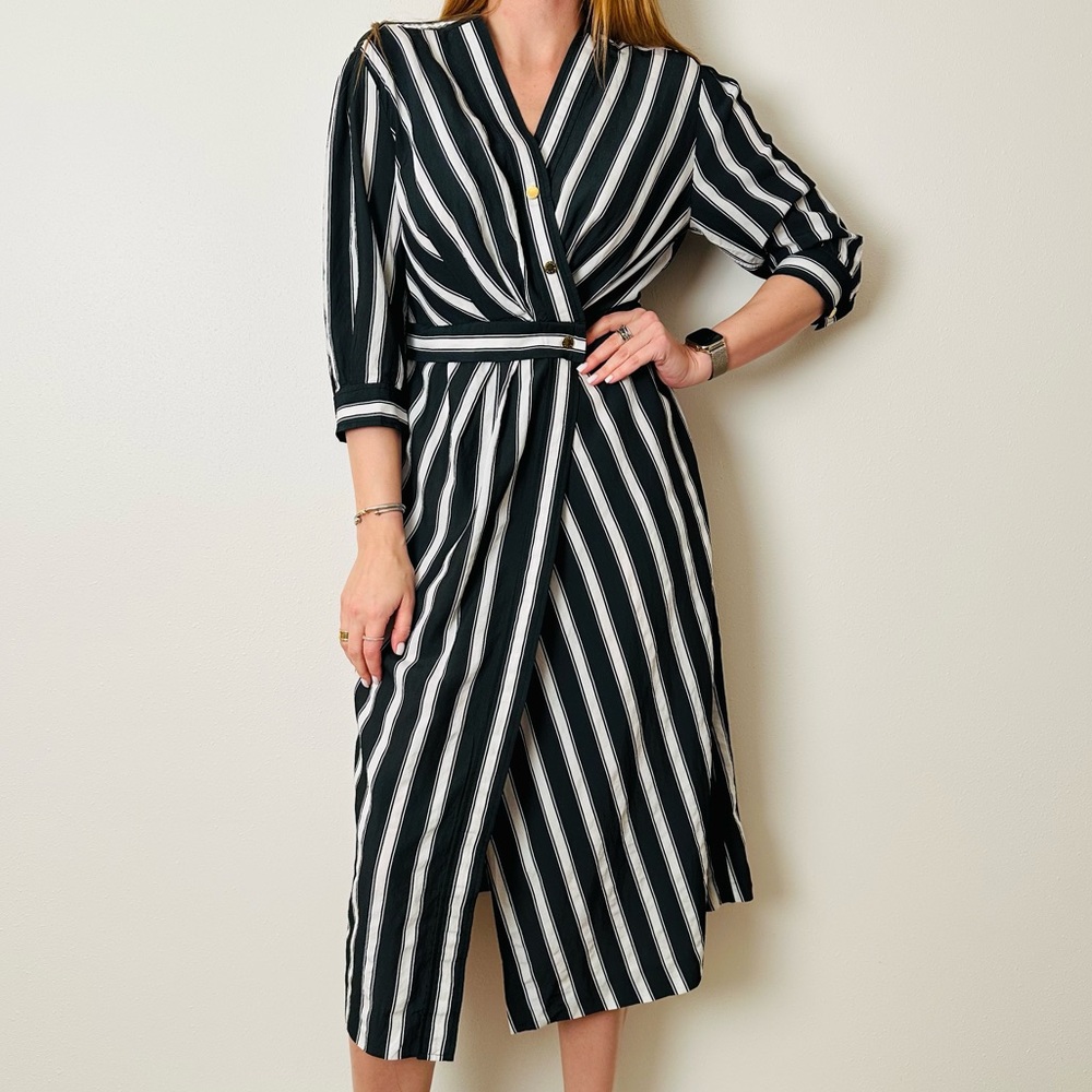 Sandro Carl Black and White Wrap Striped 3/4 Sleeve Midi Dress - Picture 7 of 15
